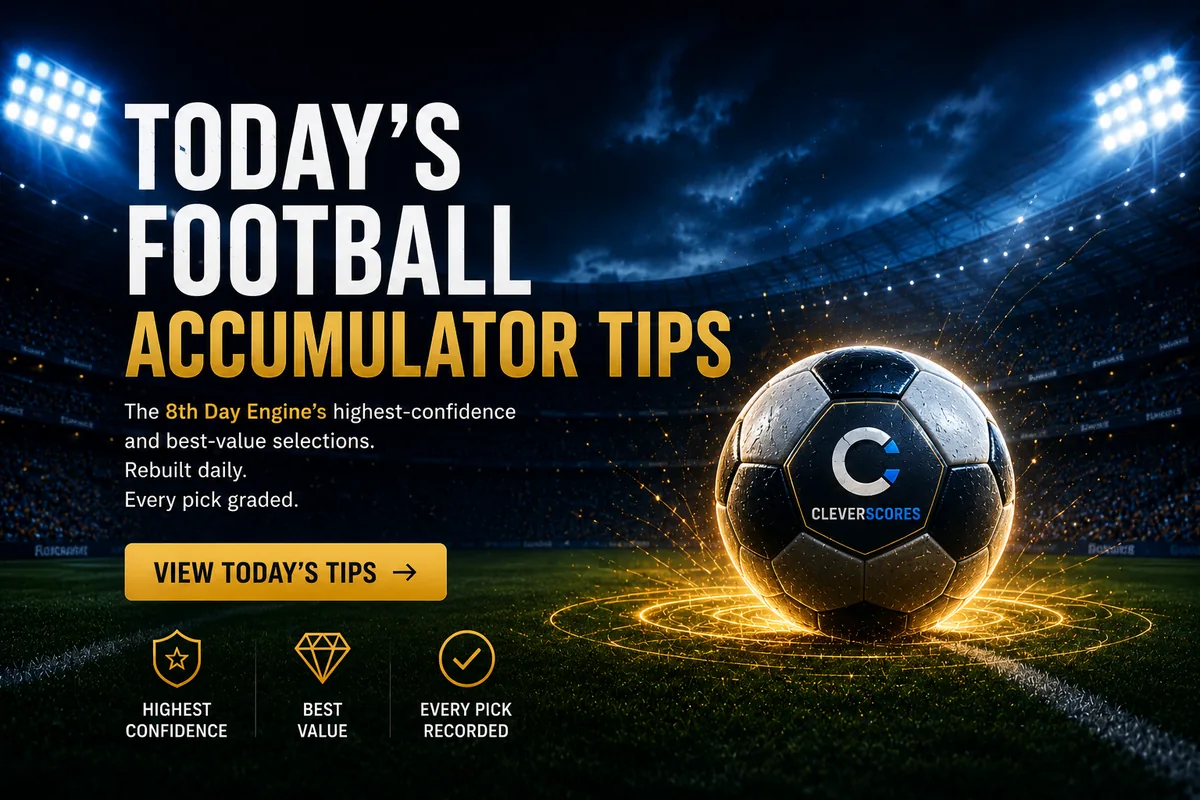 Today's Football Accumulator Tips — the 8th Day Engine's highest-confidence and best-value football selections, rebuilt daily, every pick recorded and graded.